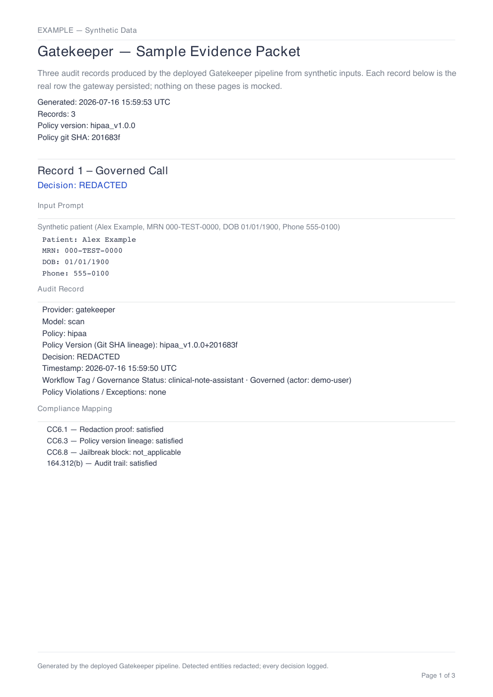 First page of a Gatekeeper sample evidence packet showing a governed AI call, its policy version, audit record, and compliance mapping